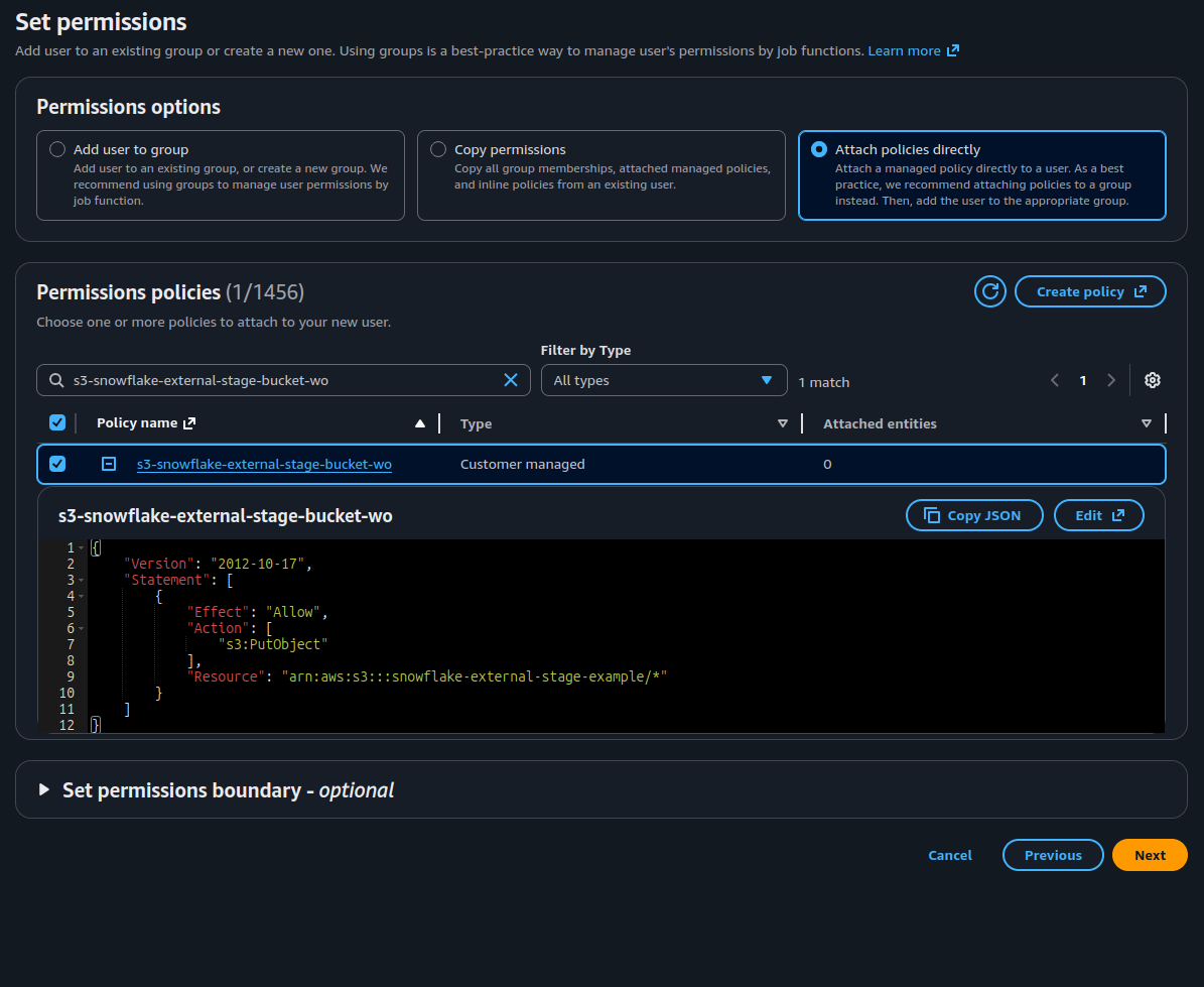 AWS Web console picturing user creation and policy attachment.