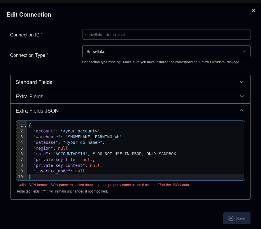 Airflow Connection UI for Snowflake