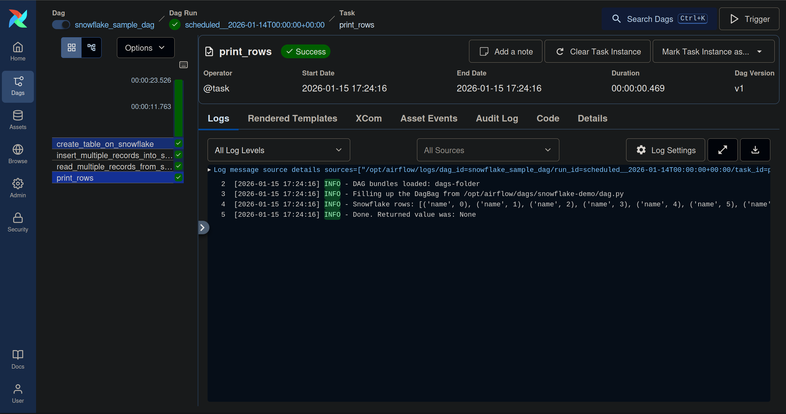 Airflow task output showing Snowflake query results