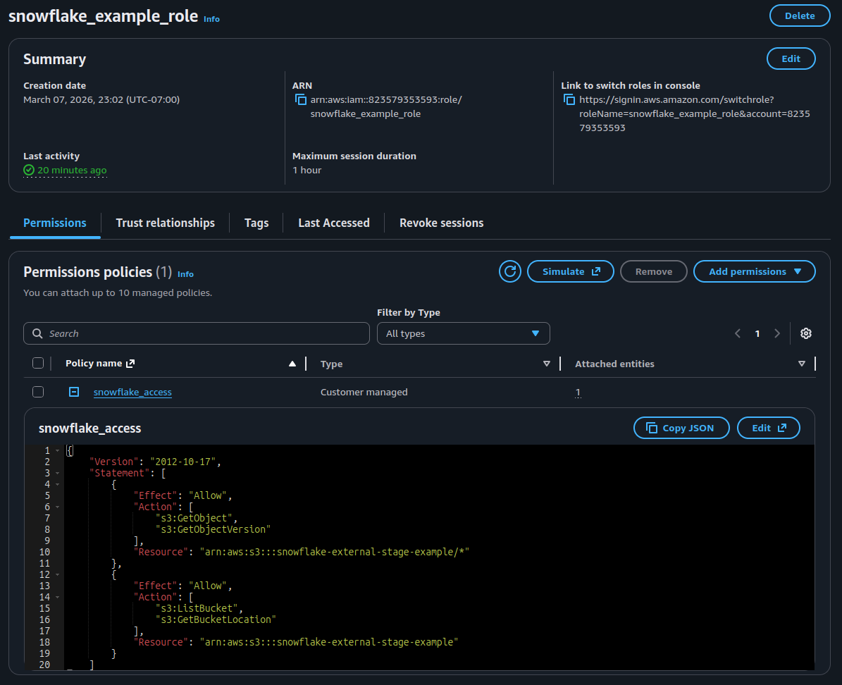 Snowflake IAM Role Configuration in AWS Web Console