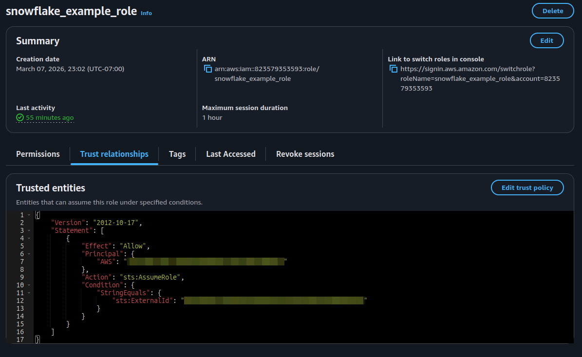 Snowflake IAM Role Trust Relationship in AWS Web Console